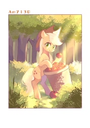 Size: 724x1024 | Tagged: safe, artist:xieyanbbb, character:applejack, species:earth pony, species:pony, apple, apple basket, apple orchard, basket, bush, clothing, cowboy hat, female, food, forest, grass, hat, hoof hold, mare, morning, orchard, solo, standing, stetson, time, timestamp, tree