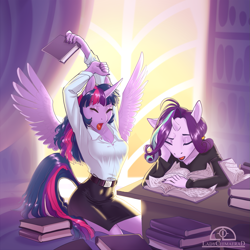 Size: 1125x1125 | Tagged: safe, artist:ladychimaera, character:starlight glimmer, character:twilight sparkle, character:twilight sparkle (alicorn), species:alicorn, species:anthro, species:pony, species:unguligrade anthro, species:unicorn, episode:shadow play, g4, my little pony: friendship is magic, book, breasts, clothing, cute, desk, duo, eyes closed, female, glimmerbetes, mare, morning ponies, nail polish, sleeping, stretching, tired, twiabetes, yawn