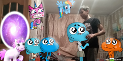 Size: 2592x1296 | Tagged: safe, artist:faze-alan-mskull2019, character:rainbow dash, species:human, species:pony, species:unicorn, cheating, crossover, darwin watterson, gumball watterson, irl, irl human, lego, nicole watterson, photo, ponies in real life, the amazing world of gumball, the lego movie, unikitty, unikitty! (tv series)