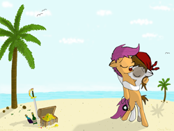 Size: 1024x768 | Tagged: safe, artist:westernciv, character:pipsqueak, character:scootaloo, female, island, male, pirate, scootasqueak, shipping, straight, toy ship, treasure, treasure chest