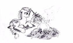 Size: 3312x1944 | Tagged: safe, artist:wisdom-thumbs, oc, oc only, oc:tilter gallant, species:pony, species:unicorn, black and white, campfire, cutie mark, female, fire, floppy ears, grayscale, hooves, horn, lying down, mare, monochrome, sad, simple background, solo, sword, traditional art, weapon, white background