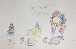 Size: 2362x1536 | Tagged: safe, artist:gmangamer25, character:rainbow dash, species:human, episode:party of one, g4, my little pony: friendship is magic, cake, clothing, drink, flour, food, hat, humanized, party, party hat, personality swap, rainbowmena, rock, swap, traditional art, wat
