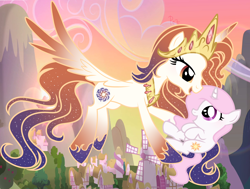Size: 5200x3936 | Tagged: safe, artist:parisa07, character:princess celestia, oc, oc:queen galaxia, species:alicorn, species:pony, species:unicorn, 's parents, celestia and luna's mother, cewestia, female, filly, flying, mother and daughter, pink-mane celestia, windmill, younger
