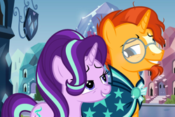 Size: 2368x1584 | Tagged: safe, artist:parisa07, character:starlight glimmer, character:sunburst, species:pony, ship:starburst, crystal empire, female, glasses, happy, looking at each other, male, shipping, smiling, straight