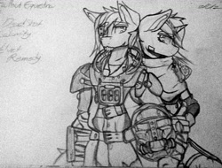 Size: 1380x1049 | Tagged: safe, artist:fanliterature101, oc, oc only, oc:calamity, oc:velvet remedy, species:anthro, fallout equestria, traditional art