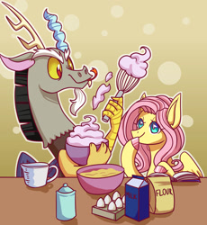 Size: 1280x1392 | Tagged: safe, artist:jagga-chan, character:discord, character:fluttershy, species:draconequus, species:pegasus, species:pony, ship:discoshy, abstract background, book, bust, colored hooves, cooking, cream, dough, egg, egg beater, female, flour, licking, looking at something, male, mare, measuring cup, milk, shipping, smiling, straight, tongue out