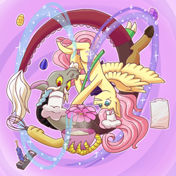 Size: 3600x3600 | Tagged: safe, artist:jagga-chan, character:discord, character:fluttershy, species:draconequus, species:pegasus, species:pony, ship:discoshy, bowl, cheese grater, chef's hat, clothing, colored hooves, cooking, curled up, egg, egg beater, female, flour, flower, hat, looking at something, male, mare, shipping, smiling, spread wings, straight, upside down, water, wings