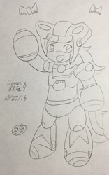 Size: 1536x2456 | Tagged: safe, artist:gmangamer25, character:trixie, species:bat, species:pony, arm cannon, armor, bipedal, clothing, costume, female, halloween, halloween costume, happy, holiday, megaman, megaman x, pumpkin, raised hoof, solo, traditional art