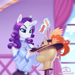 Size: 1265x1265 | Tagged: safe, artist:ladychimaera, character:rarity, species:anthro, species:pony, species:unicorn, carousel boutique, clothing, concentrating, cute, female, frown, glowing horn, hat, levitation, lipstick, magic, mannequin, mare, raribetes, sewing, shoulderless, solo, telekinesis, thread