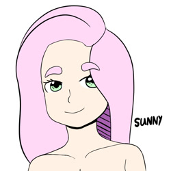 Size: 700x700 | Tagged: safe, artist:sunlightgryphon, character:fluttershy, species:human, bust, female, humanized, looking at you, simple background, smiling, solo