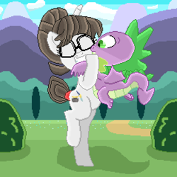 Size: 3824x3824 | Tagged: safe, artist:superhypersonic2000, character:raven inkwell, character:spike, species:dragon, species:pony, species:unicorn, ship:ravenspike, dancing, female, glasses, hair bun, happy, hug, interspecies, male, mare, pixel art, shipping, straight, winged spike, wings