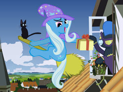 Size: 2386x1780 | Tagged: dead source, safe, artist:pipersack, character:trixie, broom, cat, cloud, cloudy, flying, flying broomstick, kiki's delivery service, lidded eyes, open mouth, present, shadowbolts, sitting, sky, smiling