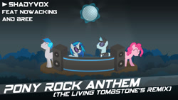Size: 1920x1080 | Tagged: safe, artist:phantombadger, character:dj pon-3, character:neon lights, character:pinkie pie, character:rising star, character:vinyl scratch, oc, oc:the living tombstone, species:earth pony, species:pony, species:unicorn, album cover, concert, cover, cover art, female, mare, night, speakers, text, thelivingtombstone, vector