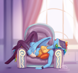 Size: 1204x1125 | Tagged: safe, artist:ladychimaera, character:rainbow dash, species:anthro, species:pegasus, species:pony, species:unguligrade anthro, clothing, female, mare, nail polish, sleeping, socks, solo, stockings, thigh highs