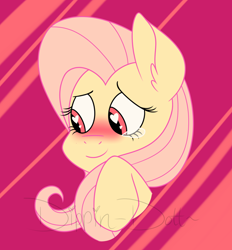 Size: 1280x1380 | Tagged: safe, artist:dippin-dott, character:fluttershy, species:pony, blushing, bust, cute, ear fluff, female, heart eyes, looking away, looking down, mare, portrait, red eyes, shyabetes, solo, teary eyes, wingding eyes, wrong eye color