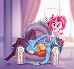 Size: 1204x1125 | Tagged: safe, artist:ladychimaera, character:pinkie pie, character:rainbow dash, species:anthro, species:earth pony, species:pegasus, species:pony, species:unguligrade anthro, black socks, blep, book, clothing, couch, duo, female, lying down, mare, marker, nail polish, open mouth, pillow, prank, shorts, silly, sleeping, smiling, socks, stockings, thigh highs, tongue out, wings