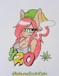 Size: 783x1020 | Tagged: safe, artist:xmistressecchicatx, oc, oc:shorty redd, species:anthro, 420, big breasts, breasts, cleavage, drugs, female, joint, marijuana, smoking, solo, traditional art