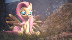 Size: 3840x2160 | Tagged: safe, artist:freasaloz, character:fluttershy, species:pony, 3d, butterfly, butterfly on nose, cute, female, grin, insect on nose, shyabetes, smiling, solo, source filmmaker