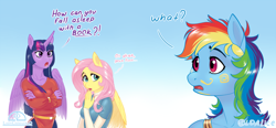 Size: 1350x626 | Tagged: safe, artist:ladychimaera, character:fluttershy, character:rainbow dash, character:twilight sparkle, character:twilight sparkle (alicorn), species:alicorn, species:anthro, species:pegasus, species:pony, clothing, crossed arms, dialogue, face paint, female, mare, scolding, trio