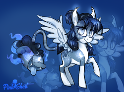 Size: 2660x1984 | Tagged: safe, artist:lilpinkghost, oc, oc only, species:pegasus, species:pony, blue, commission, female, light, long hair, mare, mexico, moon, original species, raised hoof, socks (coat marking), zoom layer