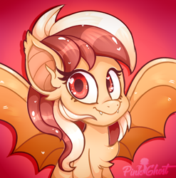 Size: 2090x2117 | Tagged: safe, artist:lilpinkghost, oc, oc:delicatezza, species:bat pony, species:pony, bat pony oc, bat wings, commission, cute, female, icon, mare, red background, red eyes, simple background, spread wings, wings