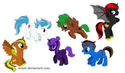 Size: 1024x600 | Tagged: safe, artist:seiani, oc, oc only, oc:captain dragontail, oc:grapp, oc:mama ootu, oc:master mist, oc:monkey king, oc:trunket, species:alicorn, species:bat pony, species:pony, alicorn oc, bat pony alicorn, female, flying, male, mare, simple background, stallion, transparent background