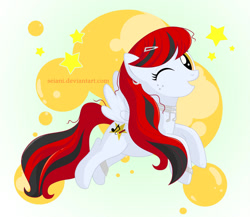 Size: 900x781 | Tagged: safe, artist:seiani, oc, oc:scarlet melody, species:pegasus, species:pony, female, mare, one eye closed, solo, wink