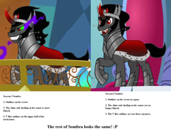 Size: 1121x861 | Tagged: safe, artist:nukarulesthehouse1, edit, edited screencap, screencap, character:king sombra, species:pony, species:unicorn, episode:the beginning of the end, episode:the crystal empire, g4, my little pony: friendship is magic, antagonist, armor, black mane, caption, comparison, crown, design, evil, evil grin, grin, image macro, male, season 3, smiling, solo, sombra eyes, text