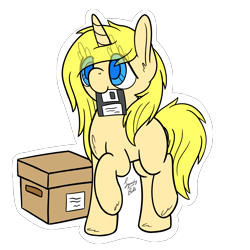 Size: 2000x2000 | Tagged: safe, alternate version, artist:squeaky-belle, oc, oc:annabelle (zizzydizzymc), species:pony, species:unicorn, blank flank, box, colored, colored pupils, cute, digital art, eye clipping through hair, flat colors, floppy disk, mouth hold, ocbetes, signature, simple background, solo, transparent background, white outline