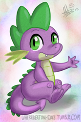 Size: 277x418 | Tagged: safe, artist:thepipefox, character:spike, species:dragon, abstract background, male, sitting, solo