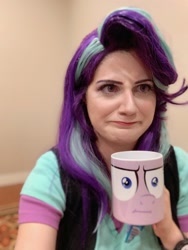 Size: 1536x2048 | Tagged: safe, artist:sarahndipity cosplay, character:starlight glimmer, species:human, clothing, cosplay, costume, cup, everfree northwest, i mean i see, irl, irl human, mug, photo, solo, unamused