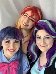 Size: 1536x2048 | Tagged: safe, artist:maddymoiselle, artist:sarahndipity cosplay, artist:shelbeanie, character:starlight glimmer, character:sunset shimmer, character:twilight sparkle, species:human, my little pony:equestria girls, clothing, cosplay, costume, counterparts, everfree northwest, irl, irl human, magical trio, photo, twilight's counterparts, unicorn trio