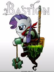 Size: 1200x1600 | Tagged: safe, artist:moo, character:rarity, bastion (game), crossover, dirt cube, game cover, parody, the kid, video game