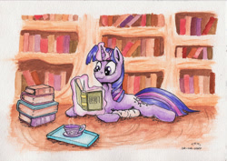 Size: 2817x1993 | Tagged: safe, artist:reptilianbirds, character:twilight sparkle, character:twilight sparkle (unicorn), species:pony, species:unicorn, book, comfy, cup, female, glowing horn, golden oaks library, horn, magic, mare, pillow, prone, reading, smiling, solo, teacup, telekinesis, traditional art