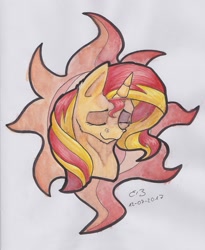 Size: 1513x1849 | Tagged: safe, artist:reptilianbirds, character:sunset shimmer, species:pony, species:unicorn, bust, cutie mark background, eyes closed, female, mare, simple background, smiling, solo, traditional art, white background