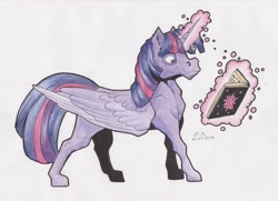 Size: 3097x2239 | Tagged: safe, artist:reptilianbirds, character:twilight sparkle, character:twilight sparkle (alicorn), species:alicorn, species:pony, book, female, glowing horn, horn, magic, mare, reading, semi-realistic, simple background, solo, telekinesis, traditional art, white background