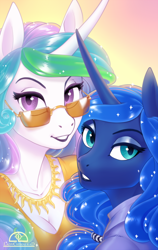 Size: 774x1226 | Tagged: safe, artist:ladychimaera, character:princess celestia, character:princess luna, species:alicorn, species:anthro, species:pony, breasts, cleavage, clothing, duo, duo female, eyeshadow, female, jewelry, lidded eyes, lipstick, looking at you, makeup, mare, necklace, royal sisters, siblings, sisters, sunglasses