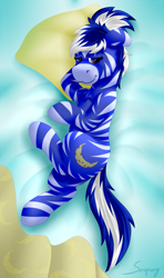 Size: 757x1280 | Tagged: safe, artist:saxpony, oc, species:pony, species:zebra, female, lying on bed, mare, pillow, zebra oc
