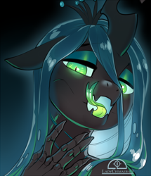 Size: 968x1125 | Tagged: safe, artist:ladychimaera, character:queen chrysalis, species:anthro, species:changeling, changeling queen, eyeshadow, female, forked tongue, licking, licking lips, lidded eyes, looking at you, makeup, open mouth, slit eyes, slit pupils, solo, tongue out