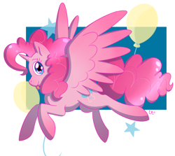 Size: 1280x1144 | Tagged: safe, artist:dippin-dott, character:pinkie pie, species:alicorn, species:pony, abstract background, alicornified, balloon, cute, female, flying, looking at you, mare, pink coat, pink mane, pinkiecorn, race swap, solo, spread wings, stars, tongue out, wings, xk-class end-of-the-world scenario