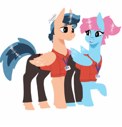 Size: 2716x2834 | Tagged: safe, artist:livzkat, oc, oc only, oc:dipper, oc:walshy, species:pegasus, species:pony, clothing, duo, female, lanyard, male, mare, simple background, stallion, uniform, white background
