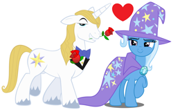 Size: 1668x1060 | Tagged: safe, artist:dashiesparkle edit, artist:peachspices, edit, character:prince blueblood, character:trixie, species:pony, ship:bluetrix, female, male, shipping, straight