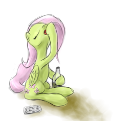 Size: 709x671 | Tagged: safe, artist:vabla, character:fluttershy, species:pegasus, species:pony, bottle, eyes closed, female, mare, pills, sitting, solo