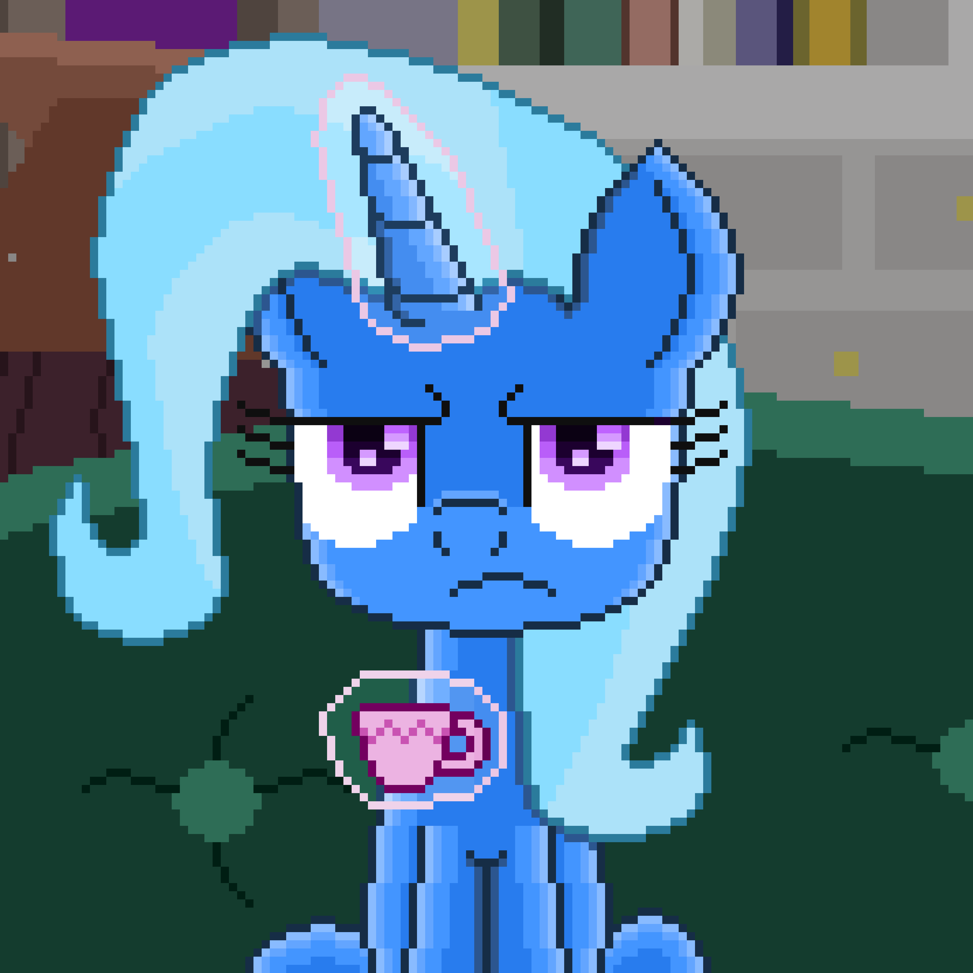 Size: 3808x3808 | Tagged: safe, artist:superhypersonic2000, character:trixie, species:pony, episode:student counsel, angry tea drinking, animated, couch, drinking, female, frown, glowing horn, horn, magic, pixel art, scene interpretation, solo, telekinesis, trixie is not amused, unamused