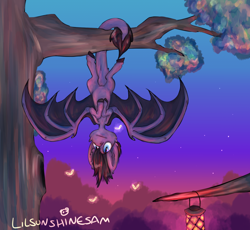 Size: 1280x1176 | Tagged: safe, artist:lilsunshinesam, oc, oc only, species:bat pony, species:pony, hanging, prehensile tail, solo, tree, tree branch, upside down