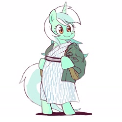 Size: 1793x1793 | Tagged: safe, artist:cottonbudfilly, character:lyra heartstrings, species:pony, species:unicorn, clothing, cute, female, jacket, lyrabetes, mare, semi-anthro, simple background, smiling, solo, white background, yukata