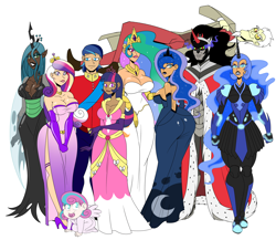 Size: 3000x2600 | Tagged: safe, artist:chillguydraws, character:discord, character:king sombra, character:nightmare moon, character:princess cadance, character:princess celestia, character:princess flurry heart, character:princess luna, character:queen chrysalis, character:shining armor, character:twilight sparkle, species:human, big breasts, breasts, busty princess cadance, busty princess celestia, busty princess luna, busty queen chrysalis, busty twilight sparkle, clothing, dress, female, humanized, lipstick, milf, moonbutt, smiling