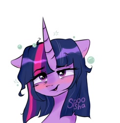 Size: 1194x1219 | Tagged: safe, artist:spoosha, character:twilight sparkle, species:pony, blushing, bust, cute, drunk, drunk bubbles, drunk twilight, female, mare, messy mane, portrait, simple background, solo, twiabetes, white background