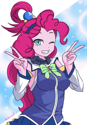 Size: 690x1000 | Tagged: safe, artist:leone di cielo, character:pinkie pie, species:human, my little pony:equestria girls, abstract background, alternate hairstyle, anime, aqua (konosuba), clothing, colored pupils, cosplay, costume, crossover, cute, diapinkes, female, konosuba, looking at you, miniskirt, one eye closed, peace sign, skirt, smiling, solo, wink