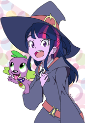 Size: 690x1000 | Tagged: safe, artist:leone di cielo, character:spike, character:spike (dog), character:twilight sparkle, species:dog, my little pony:equestria girls, akko kagari, anime, clothing, cosplay, costume, female, hat, little witch academia, male, witch, witch hat